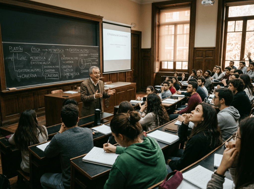 Professor lectures on Plato, ethics, metaphysics, and existentialism to students taking notes.