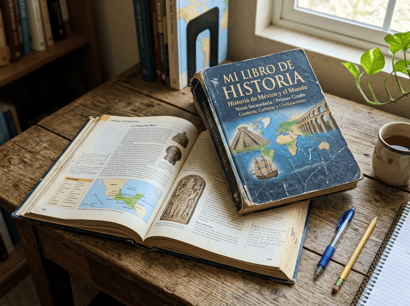 Spanish history textbook open beside a Spanish book titled Mi Libro de Historia