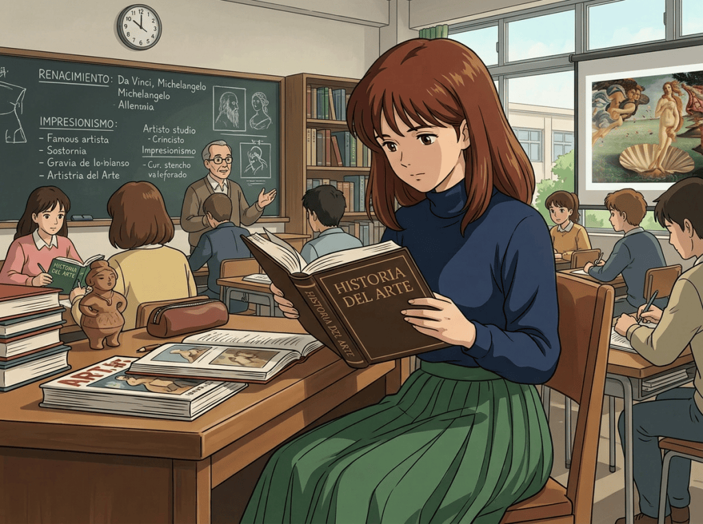 Student reading “HISTORIA DEL ARTE” among art books in a library