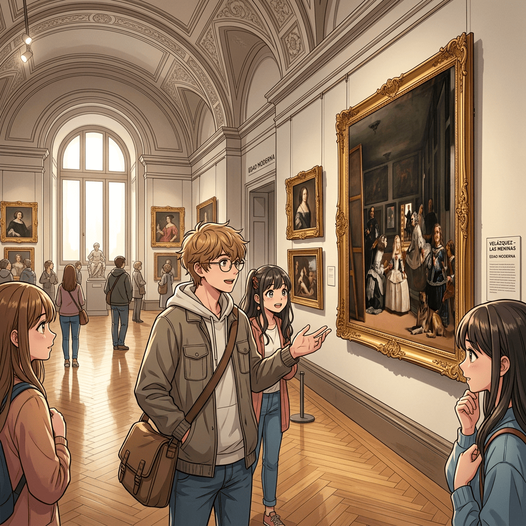 Students viewing Velázquez’s Las Meninas in an ornate museum gallery