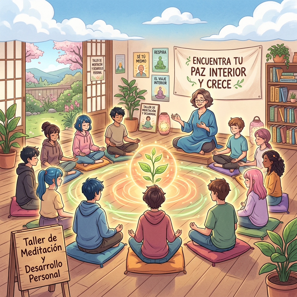 Group meditating around a glowing plant during a Spanish personal growth workshop