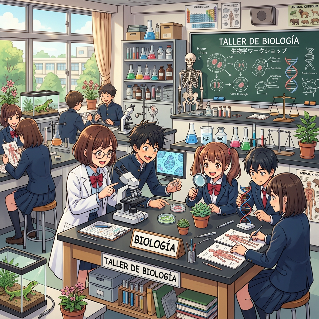 Students conducting biology activities in a lab labeled “TALLER DE BIOLOGÍA”
