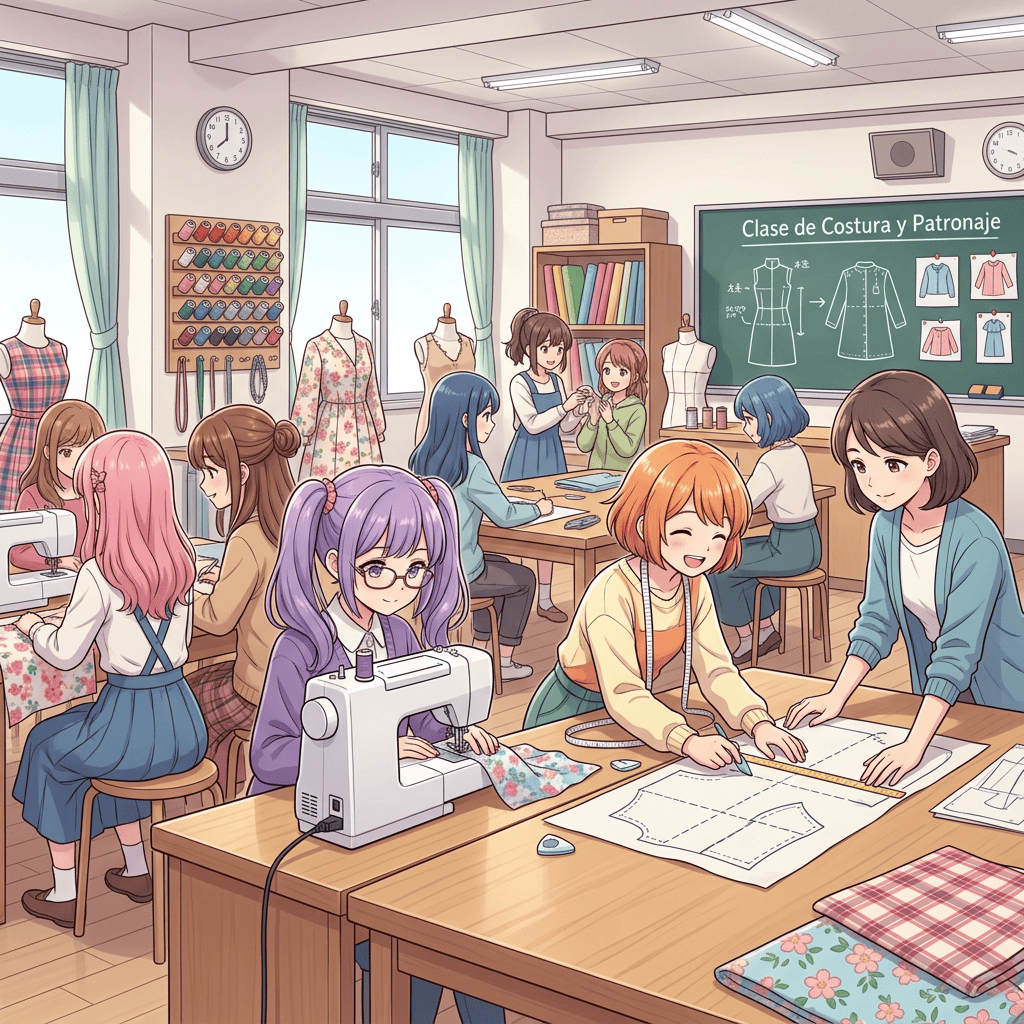 Students sewing and drafting garment patterns in a classroom
