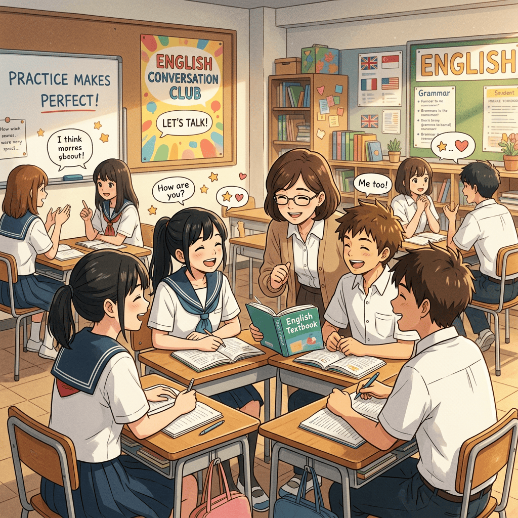 Students practicing English conversation around desks; posters read “PRACTICE MAKES PERFECT!” and “ENGLISH CONVERSATION CLUB.”