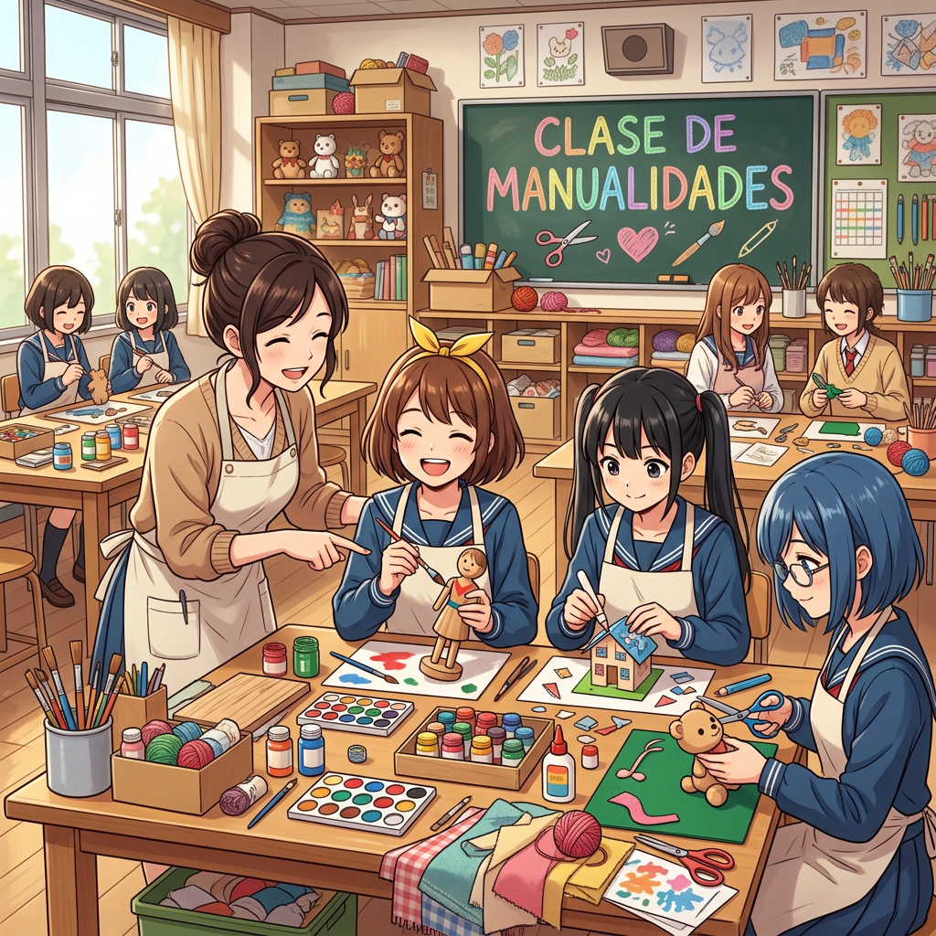 Teacher and students creating crafts in a classroom labeled Clase de Manualidades