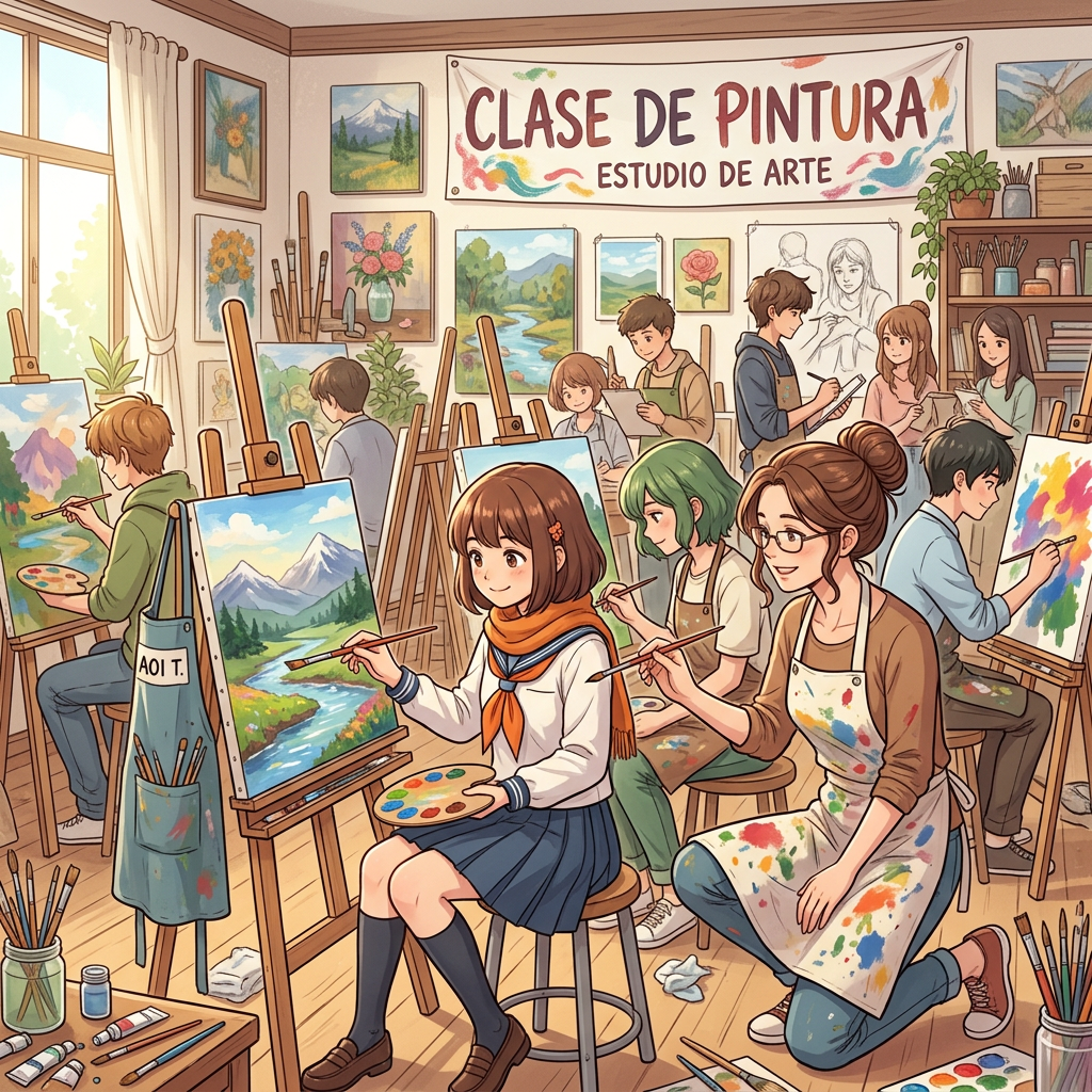 Artists painting in a studio beneath “CLASE DE PINTURA ESTUDIO DE ARTE”