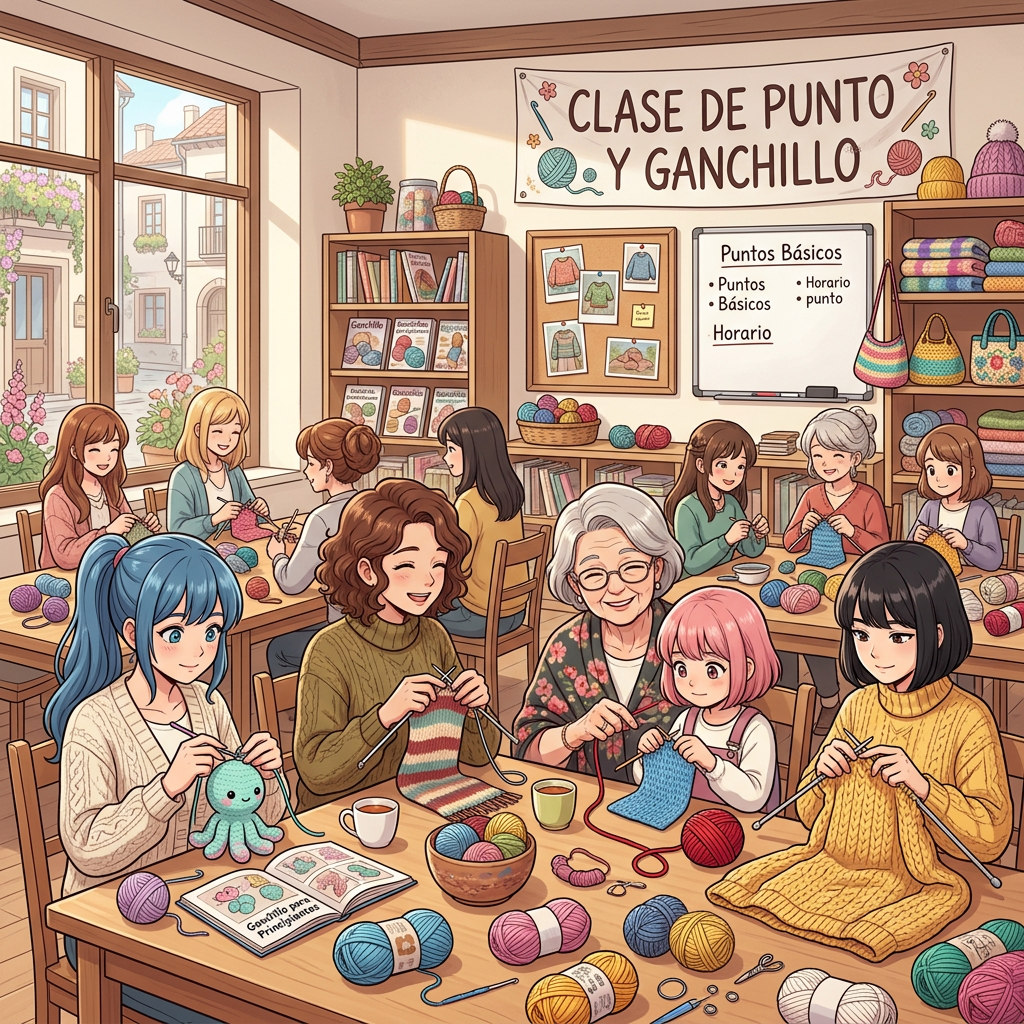 Knitting and crochet class with text “CLASE DE PUNTO Y GANCHILLO,” “Puntos Básicos,” and “Ganchillo para Principiantes.”