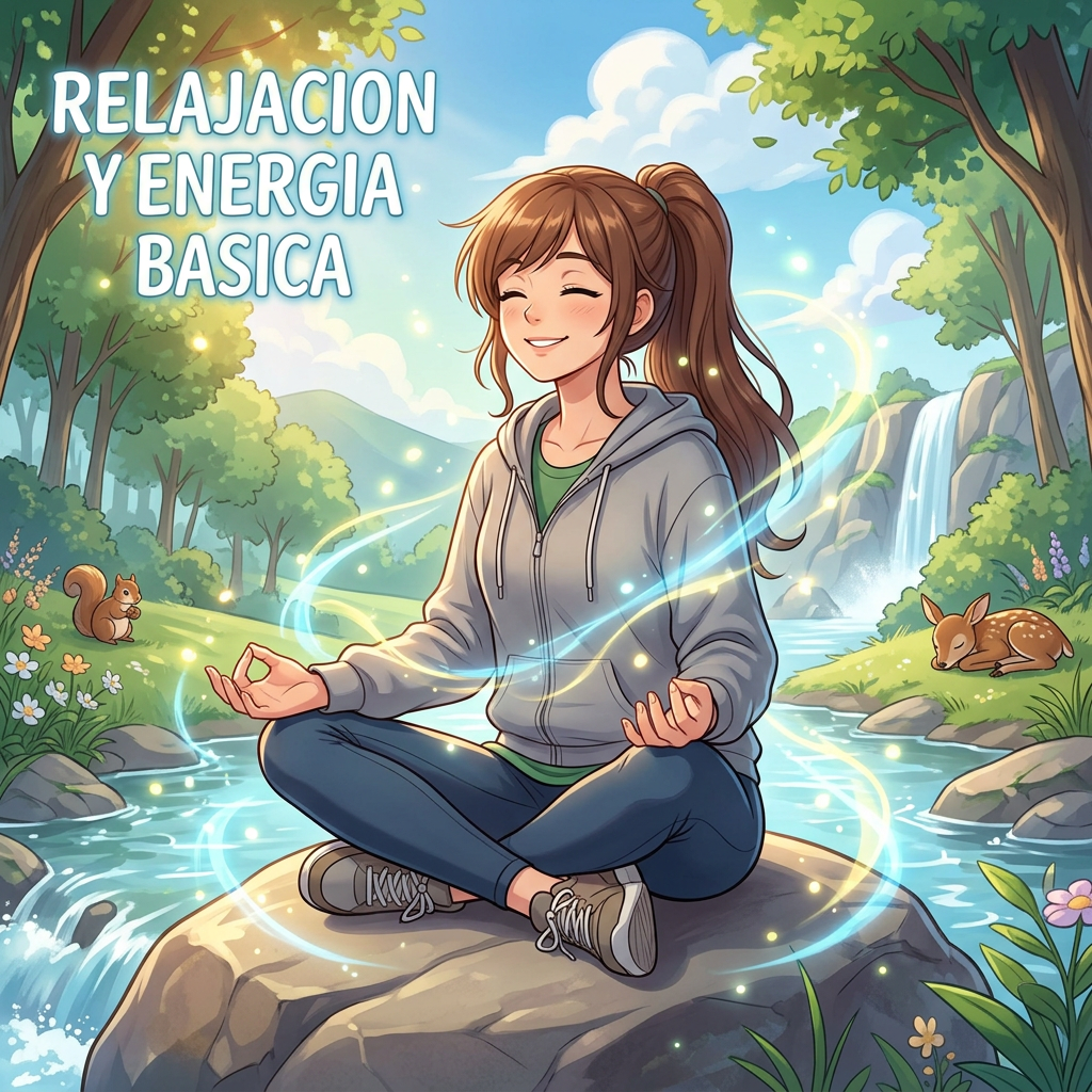 Woman meditating beside a waterfall with text “RELAJACION Y ENERGIA BASICA”