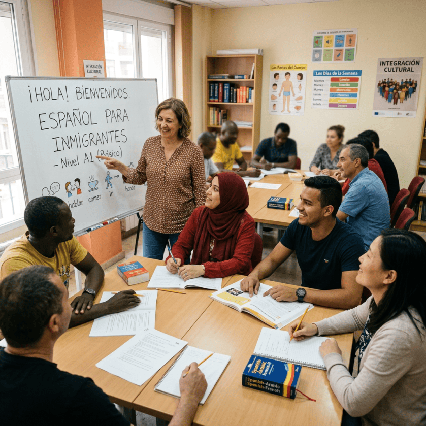 Teacher leading a beginner Spanish class for immigrant students